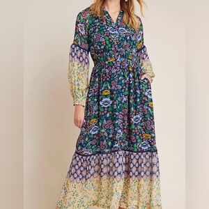 NWOT Anthropologie Maeve Ondine Bohemian Floral Long Sleeve Maxi Dress